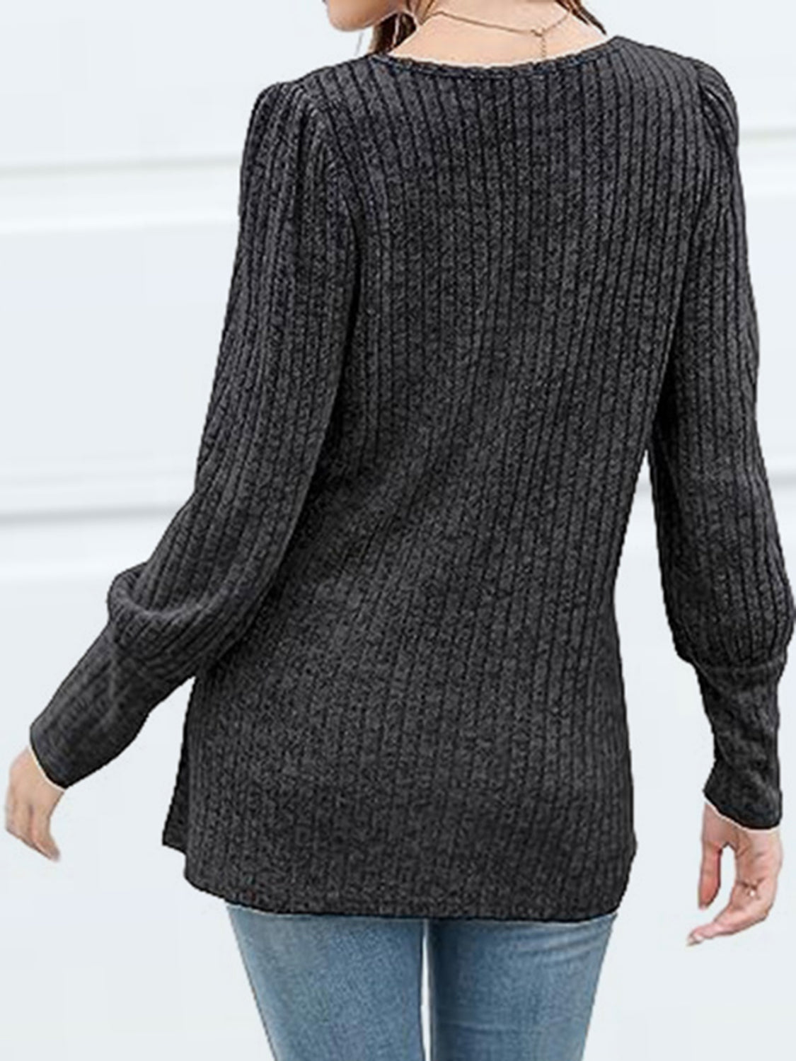 Ribbed knit blouse in Dust Storm with puff sleeves and button detail