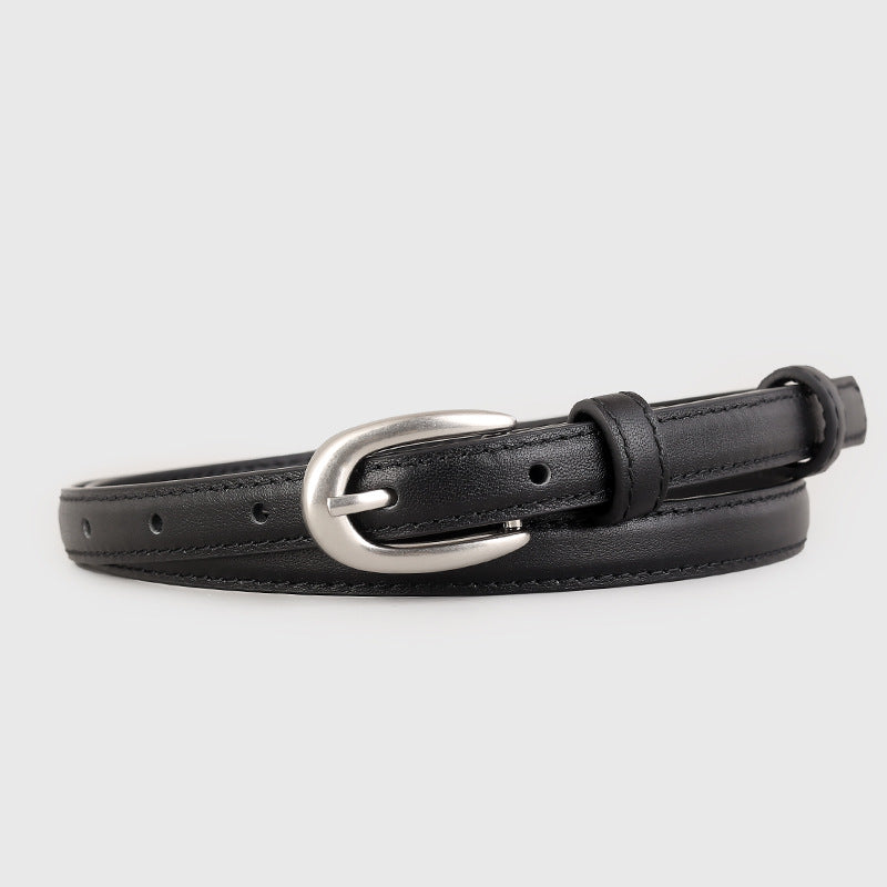 Black leather skinny belt with silver buckle and keeper loop