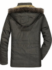 Army green parka with faux fur lined hood and quilted back detail