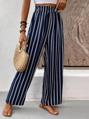 Striped Wide-leg Pants With Elastic Waistband in Dark Blue, model styling view