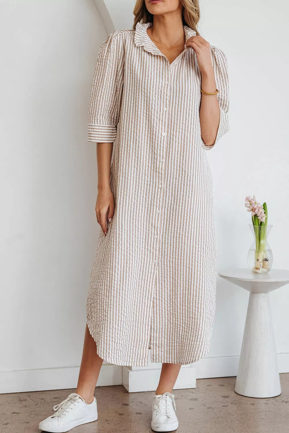 Stripe Frilled Collar Half Sleeve Shirt Dress, front view