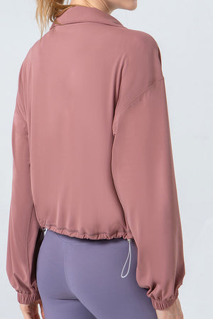 Dusty pink active jacket with gathered hemline and drawstring detail