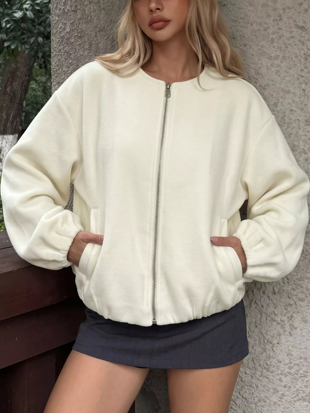Fleece Bomber Jacket With Zipper in Apricot, front view