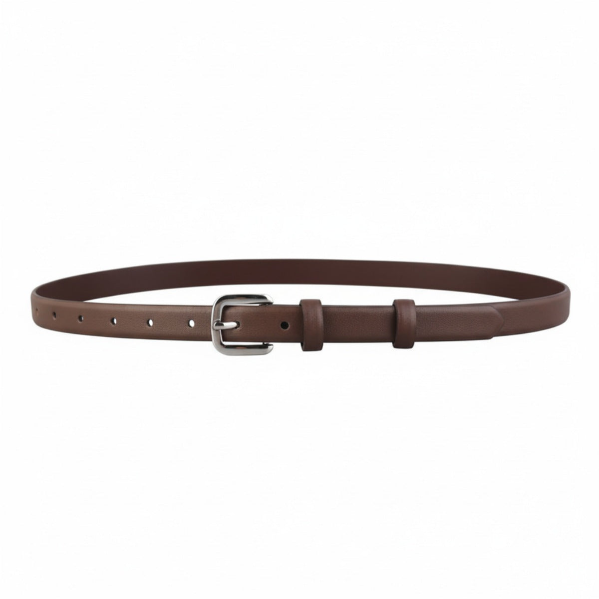 Brown cowhide leather belt with silver buckle and adjustable holes