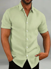 Light green linen-blend short sleeve button-down shirt with tailored fit