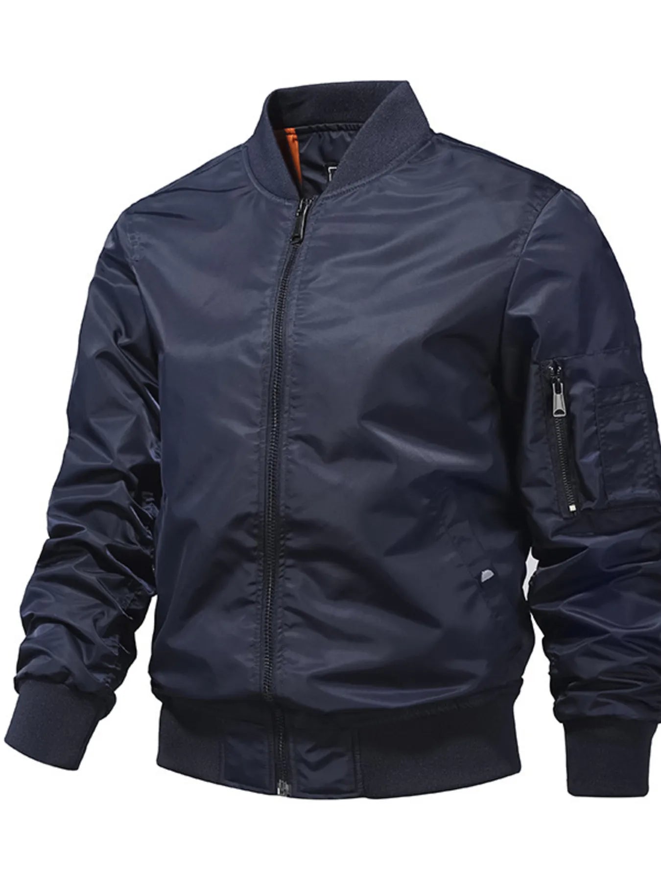 Men's blue zip-up bomber jacket with zippered sleeve pocket and ribbed cuffs