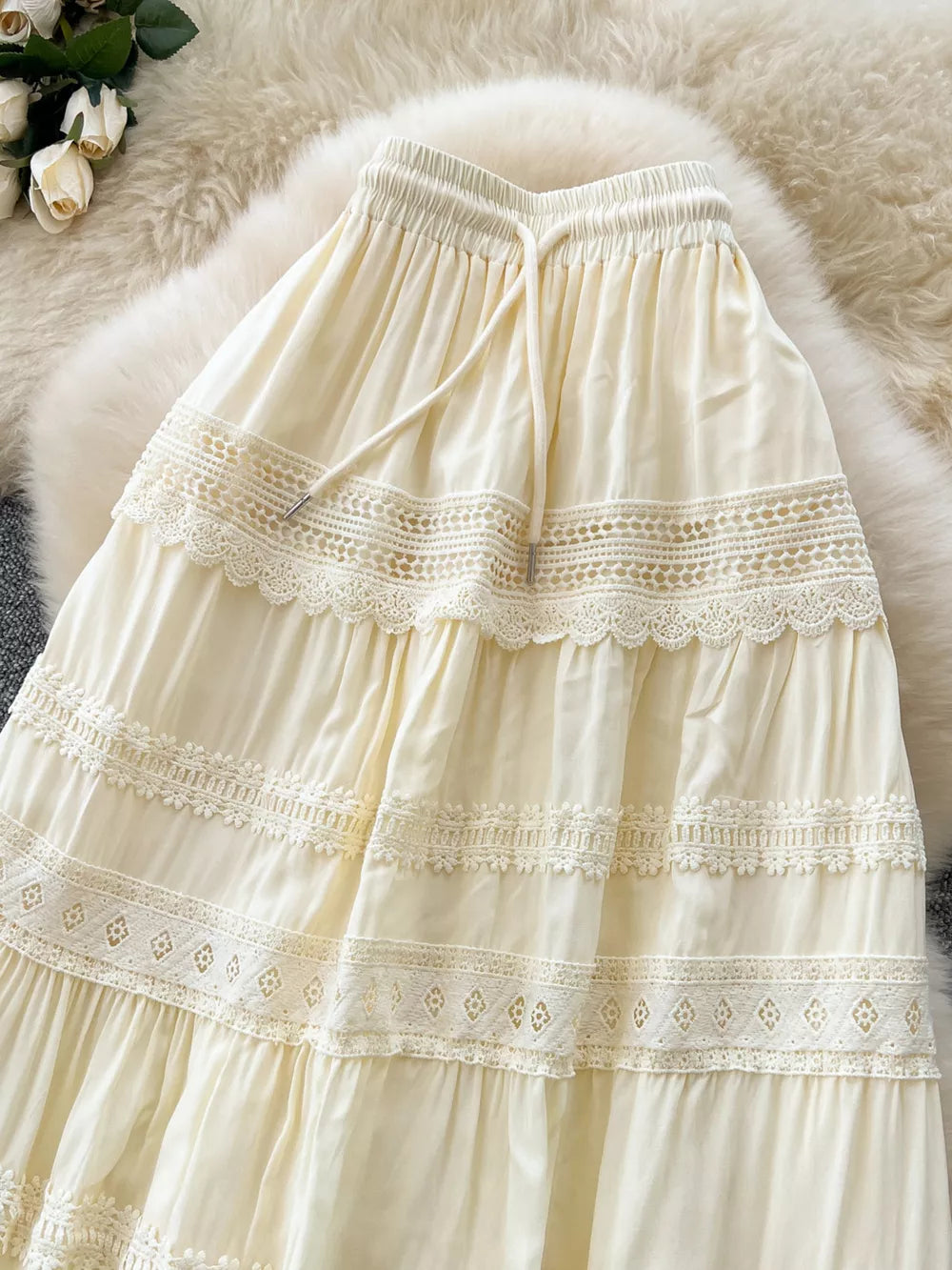 Apricot tiered midi skirt with lace trim and drawstring waist