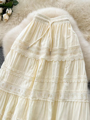Apricot tiered midi skirt with lace trim and drawstring waist