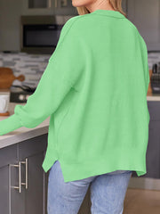 Neon Green ribbed-knit relaxed fit sweater with crew neck and long sleeves.