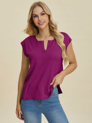 Keyhole neckline knit tee in Deep Purple with short sleeves and a relaxed fit.