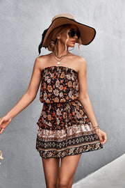Floral print bandeau mini dress in black with tiered ruffled hem and boho border detail