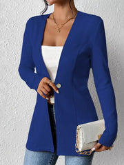 Blue single-button blazer with tailored fit and open neckline.