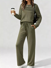 Army green casual long-sleeve top and pants set with drawstring waist and horizontal stripe detail.