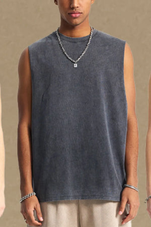 Washed cotton muscle tank in gray with a crew neck and sleeveless cut.