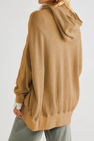 Caramel waffle knit zip-through hoodie with a relaxed fit and hood.
