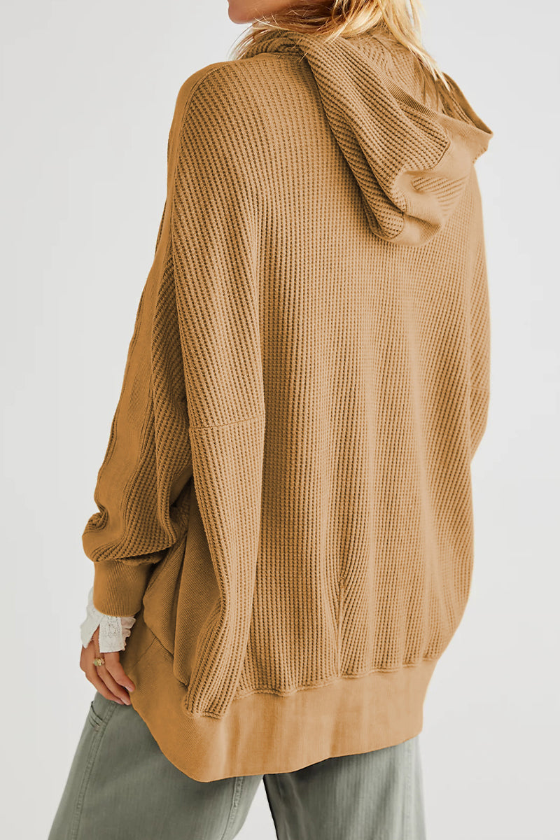 Caramel waffle knit zip-through hoodie with a relaxed fit and hood.