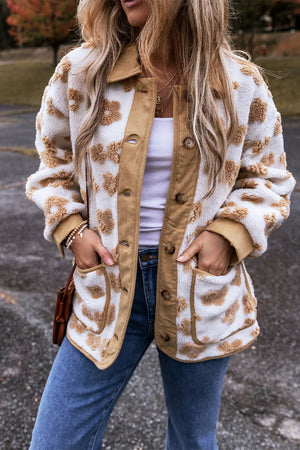 White floral sherpa jacket with corduroy trim and button front.