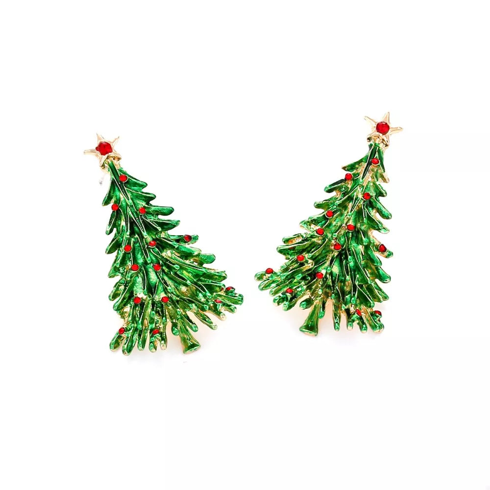Festive holiday tree charm drop earrings with red gem accents and gold star toppers.