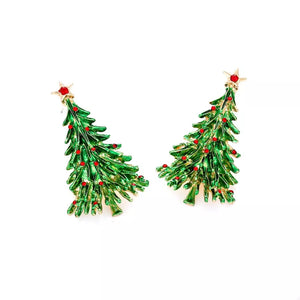 Festive holiday tree charm drop earrings with red gem accents and gold star toppers.