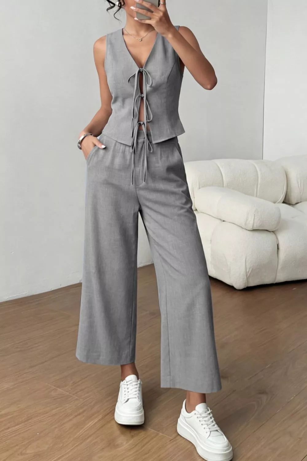 Gray lace-up tie front crop top and wide-leg pants set with V-neck.