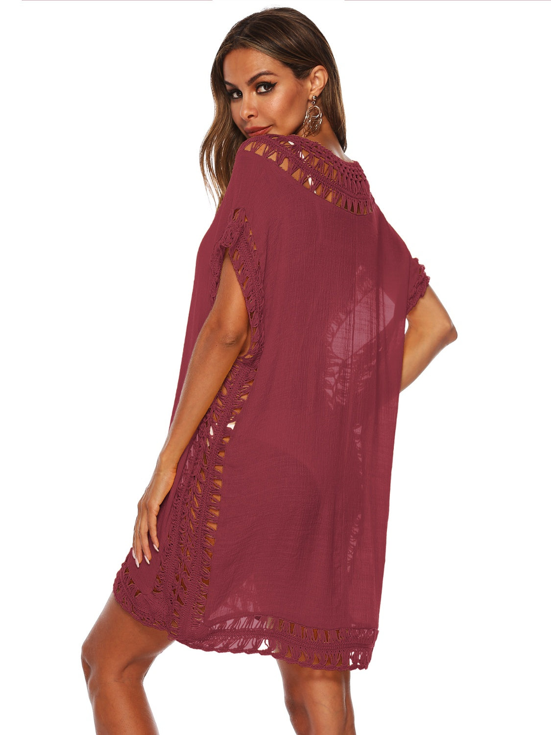 Burgundy kaftan cover-up with crochet trim details and short sleeves.