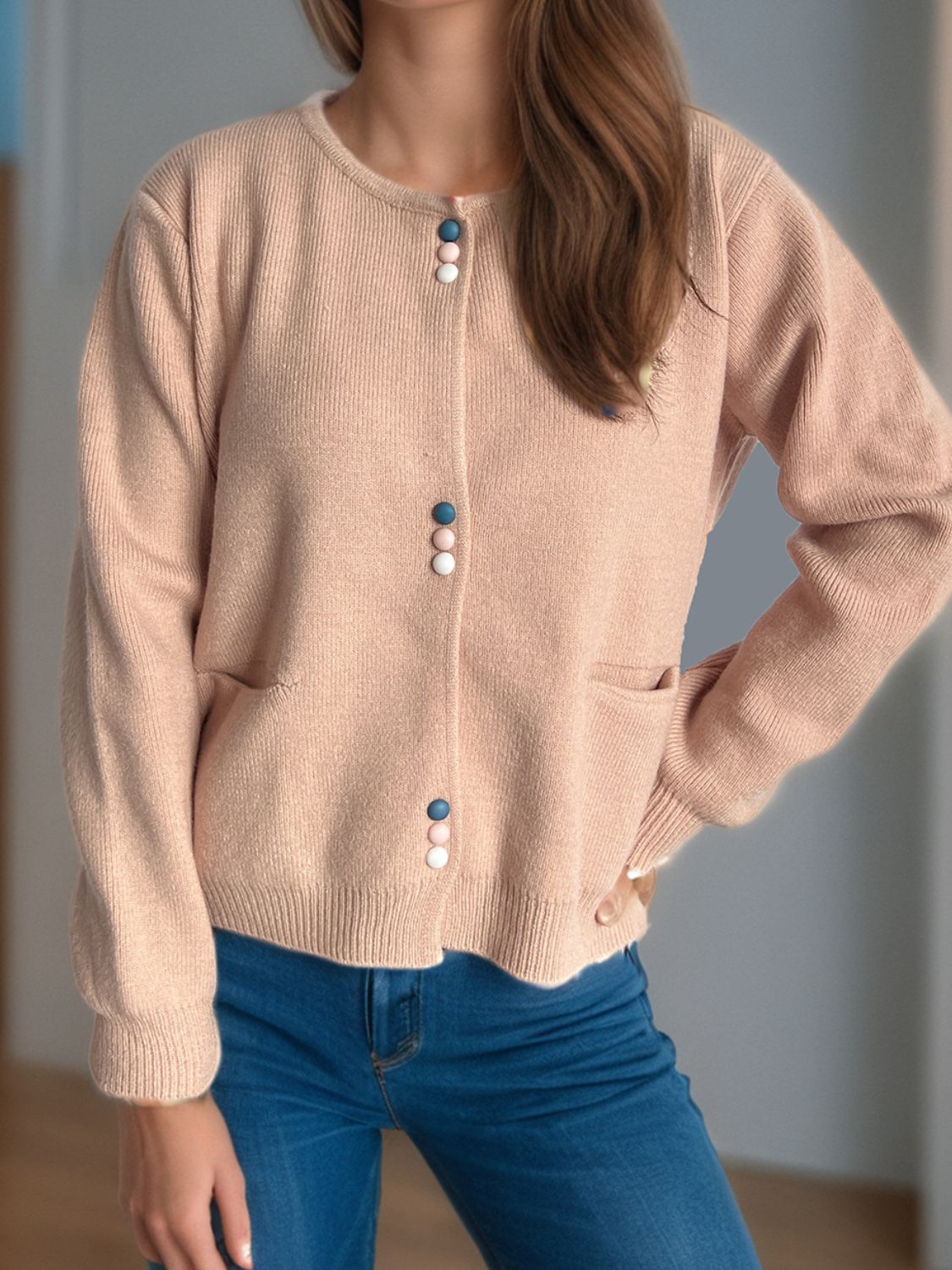 Dusty Pink ribbed knit button-up cardigan with playful pastel buttons and pockets.