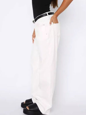White wide-leg denim jeans with contrast stitching and a relaxed fit.
