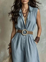 Full Size Sleeveless Wide Leg Jumpsuit Plus Size in White, model styling view