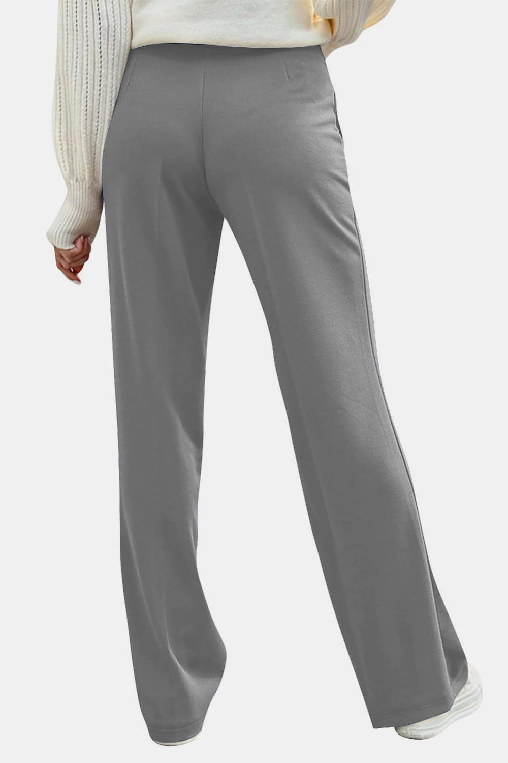 Gray wide leg trousers with button detail, shown from the back.