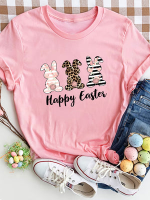 Pink t-shirt with three graphic bunnies and Happy Easter text.