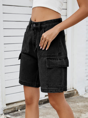 Black denim Bermuda cargo shorts with multiple pockets and a casual cut.