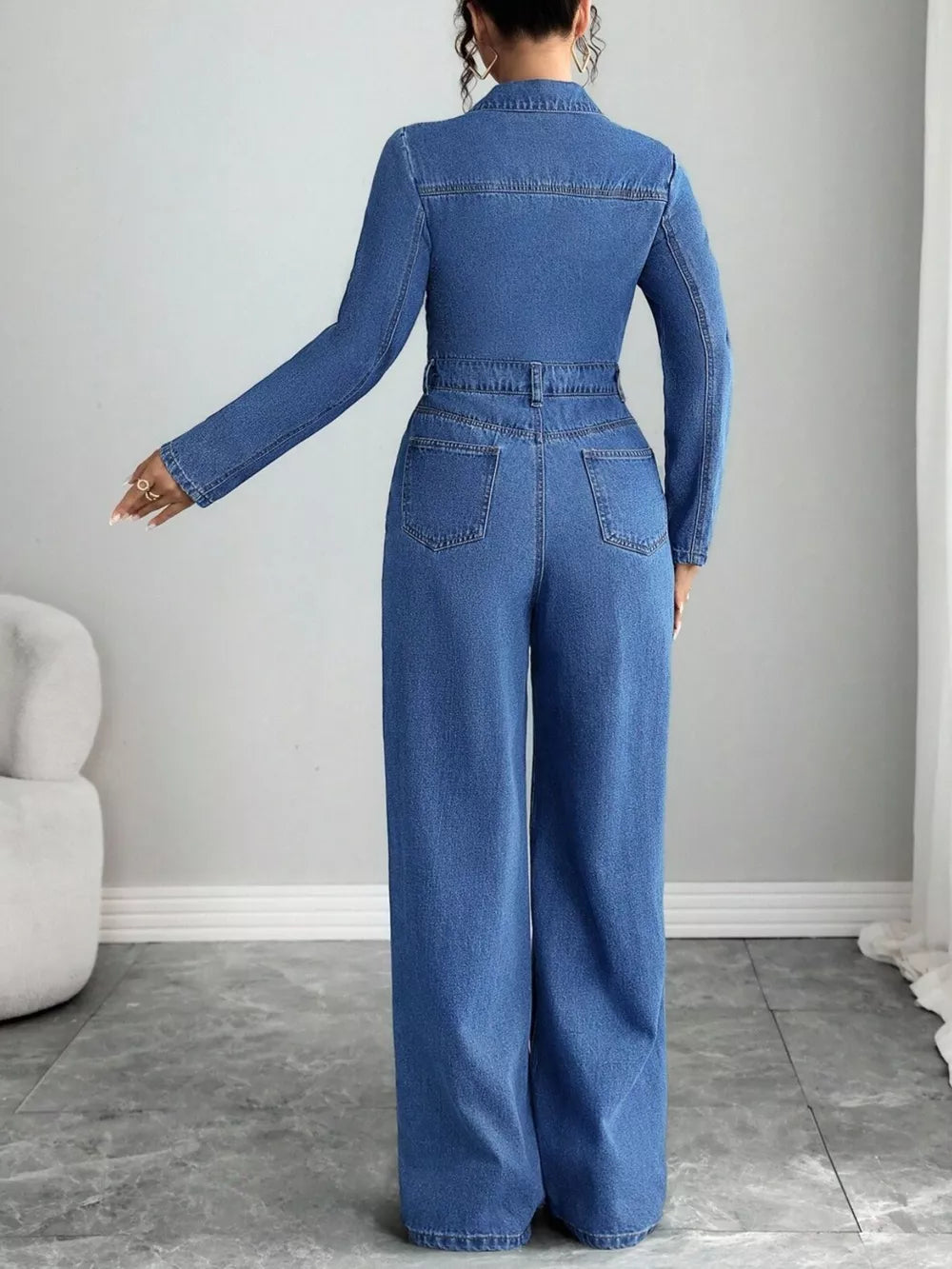 Button Front Long Sleeve Denim Jumpsuit, fabric detail
