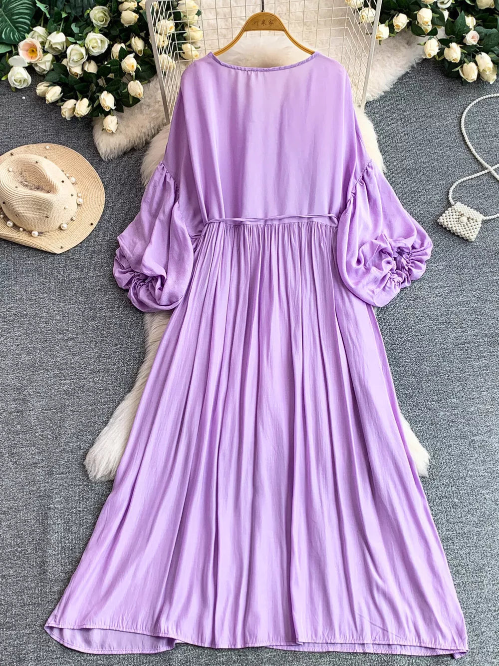 Purple bohemian maxi dress with balloon sleeves and cinched waist