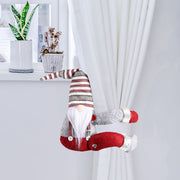 Charming gnome curtain tie-back in red and gray with striped hat, holding white curtains.
