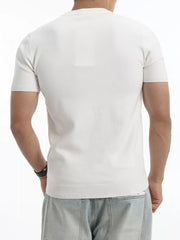 Men's white acrylic crew neck short sleeve knit top with ribbed hem