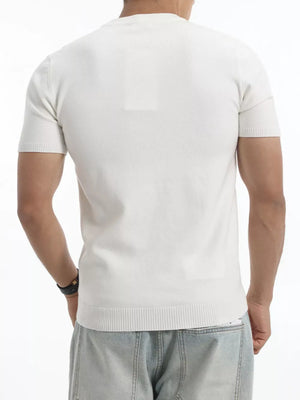 Men's white acrylic crew neck short sleeve knit top with ribbed hem