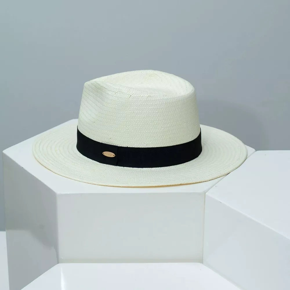 Women's ivory white boater sun hat with black band and gold detail