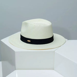 Women's ivory white boater sun hat with black band and gold detail
