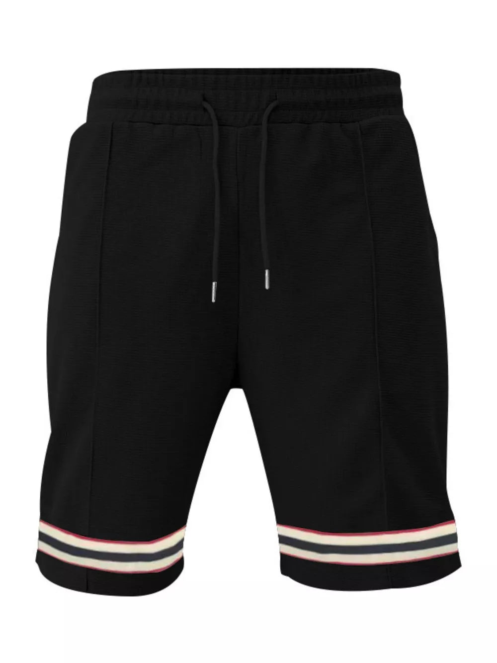 Black textured knit drawstring shorts with striped cuffs and pockets.