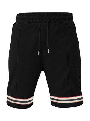 Black textured knit drawstring shorts with striped cuffs and pockets.