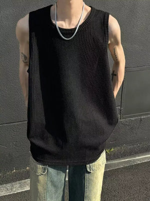 Men's Plus Size Textured Knit Sleeveless Tank Top in Black, front view