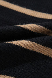 Chunky stripe button-down cardigan in black and beige acrylic knit.