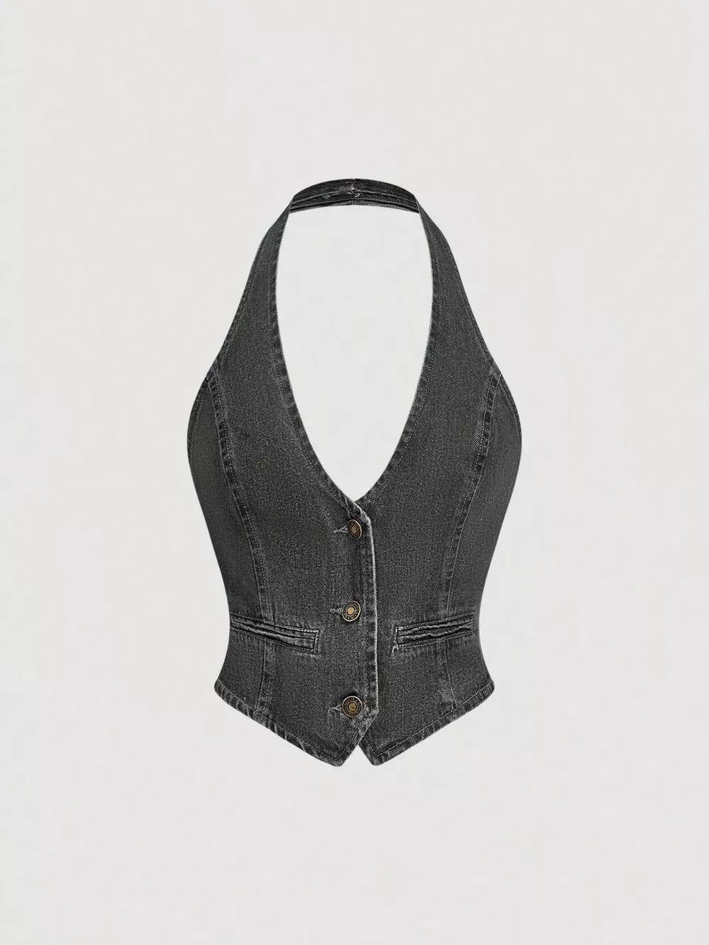 Halter Neck Denim Vest And Wide-leg Jeans Set, close-up detail