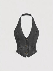Halter Neck Denim Vest And Wide-leg Jeans Set, close-up detail