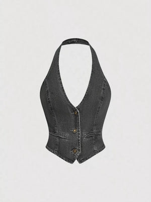 Halter Neck Denim Vest And Wide-leg Jeans Set, close-up detail
