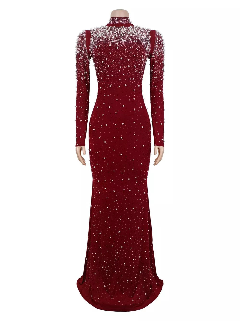 Burgundy fitted formal gown with mock neck
