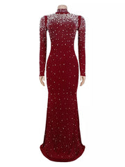 Burgundy fitted formal gown with mock neck