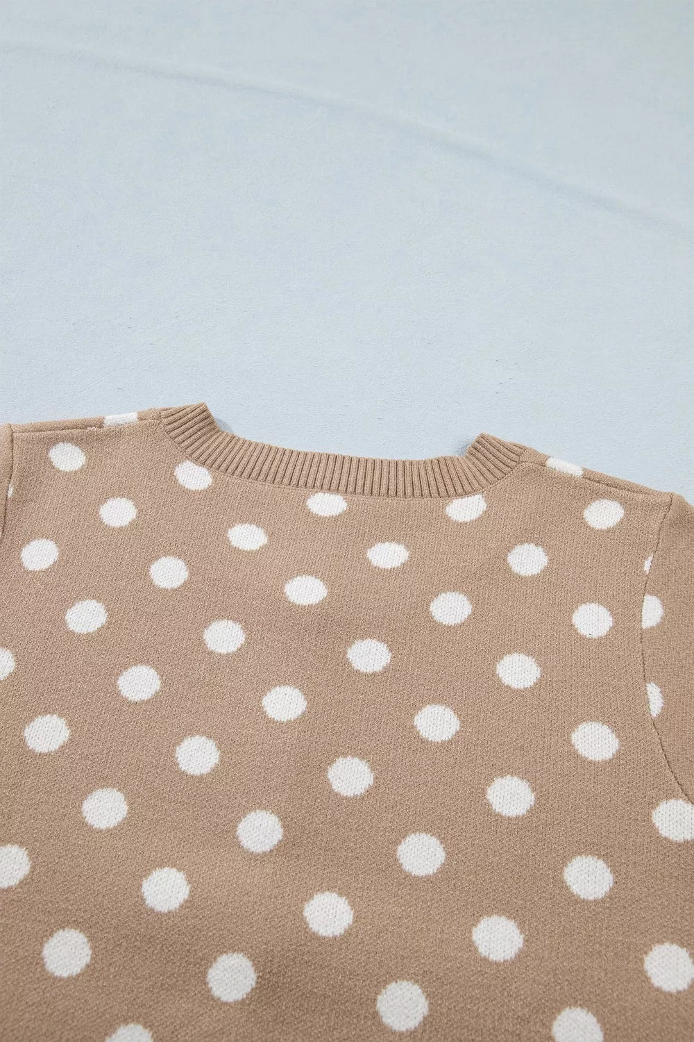 Camel polka dot short sleeve knit cardigan with crew neck.
