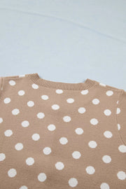 Camel polka dot short sleeve knit cardigan with crew neck.