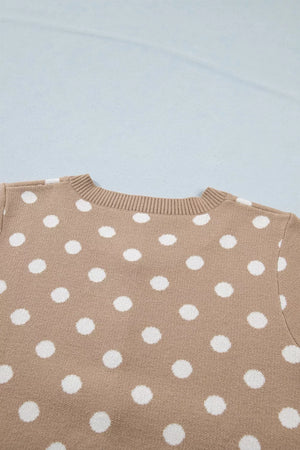 Camel polka dot short sleeve knit cardigan with crew neck.